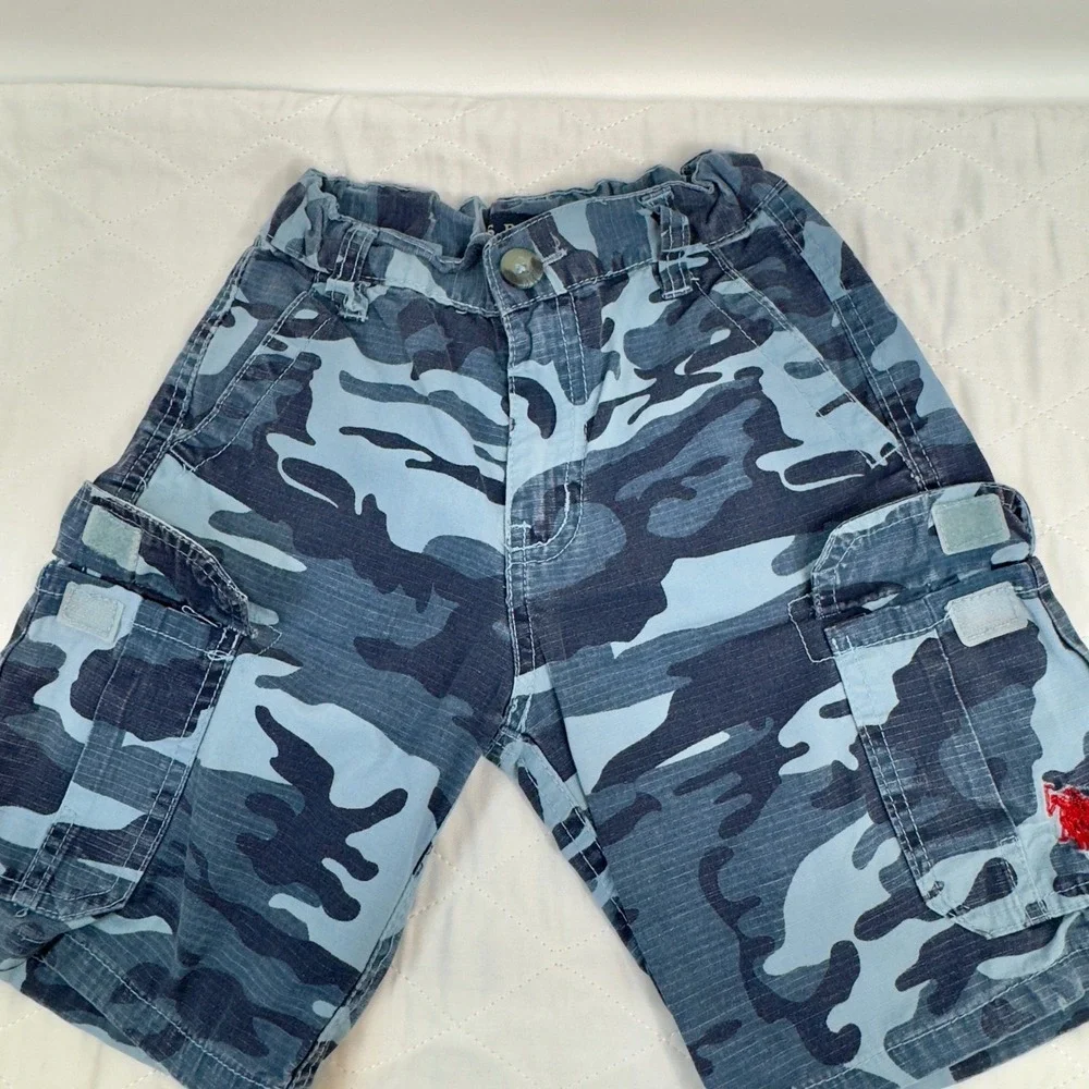 US Polo Assn Boys Blue‎ Camo Cargo Shorts Adjustable Waist Size 4 Kids